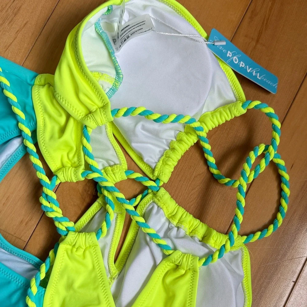 Brand NEW with Tag One Piece Swimsuit in Bright Yellow and Aqua - Picture 4 of 4